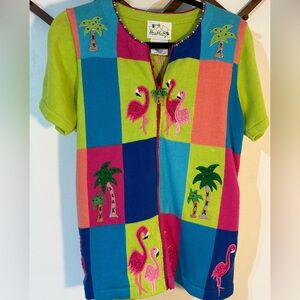 Vintage Quacker Factory Beachy Embroidered Flamingo Palm Tree Cardigan Sweater S